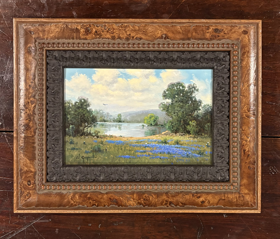 Cal Gaspard, The Rivers Edge — oil on art board, framed